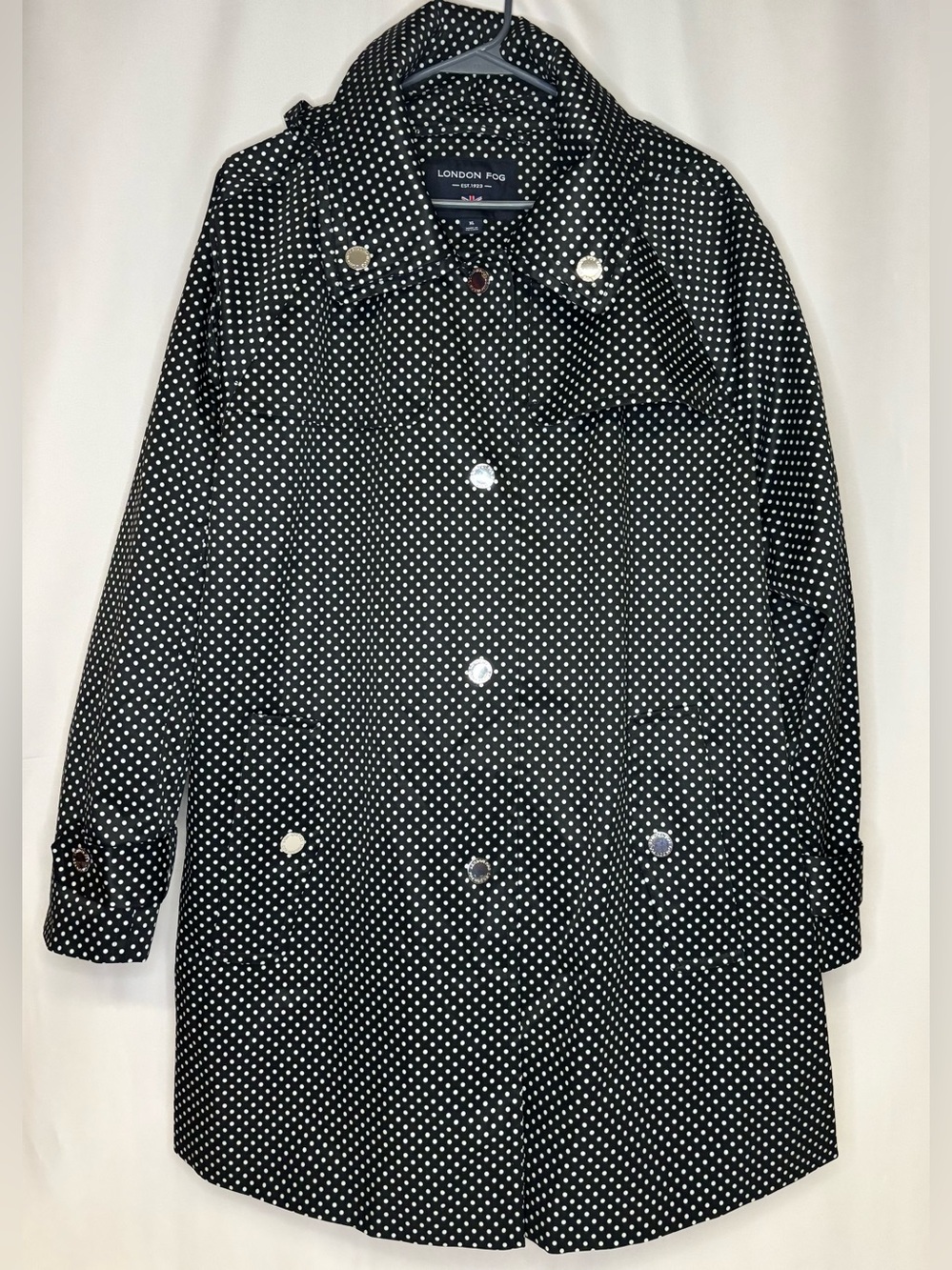 London Fog Polka Dot Double Collar Raincoat Trench Black White XL